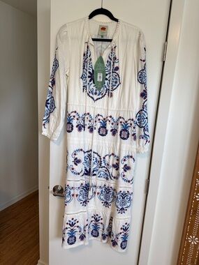 Farm Rio Off-White Navy Embroidered Midi Dress